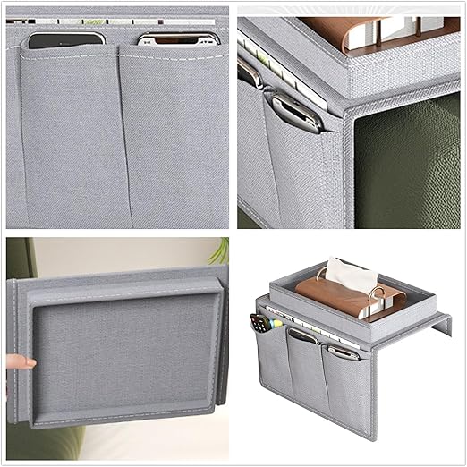 New Oxford Cloth Sofa Armrest Organizer – Multi-Pocket Storage Bag with Integrated Cup Tray – Cellphone, Remote, & Tissue Holder for Couch – Home Decor Accessory (Gray/White)