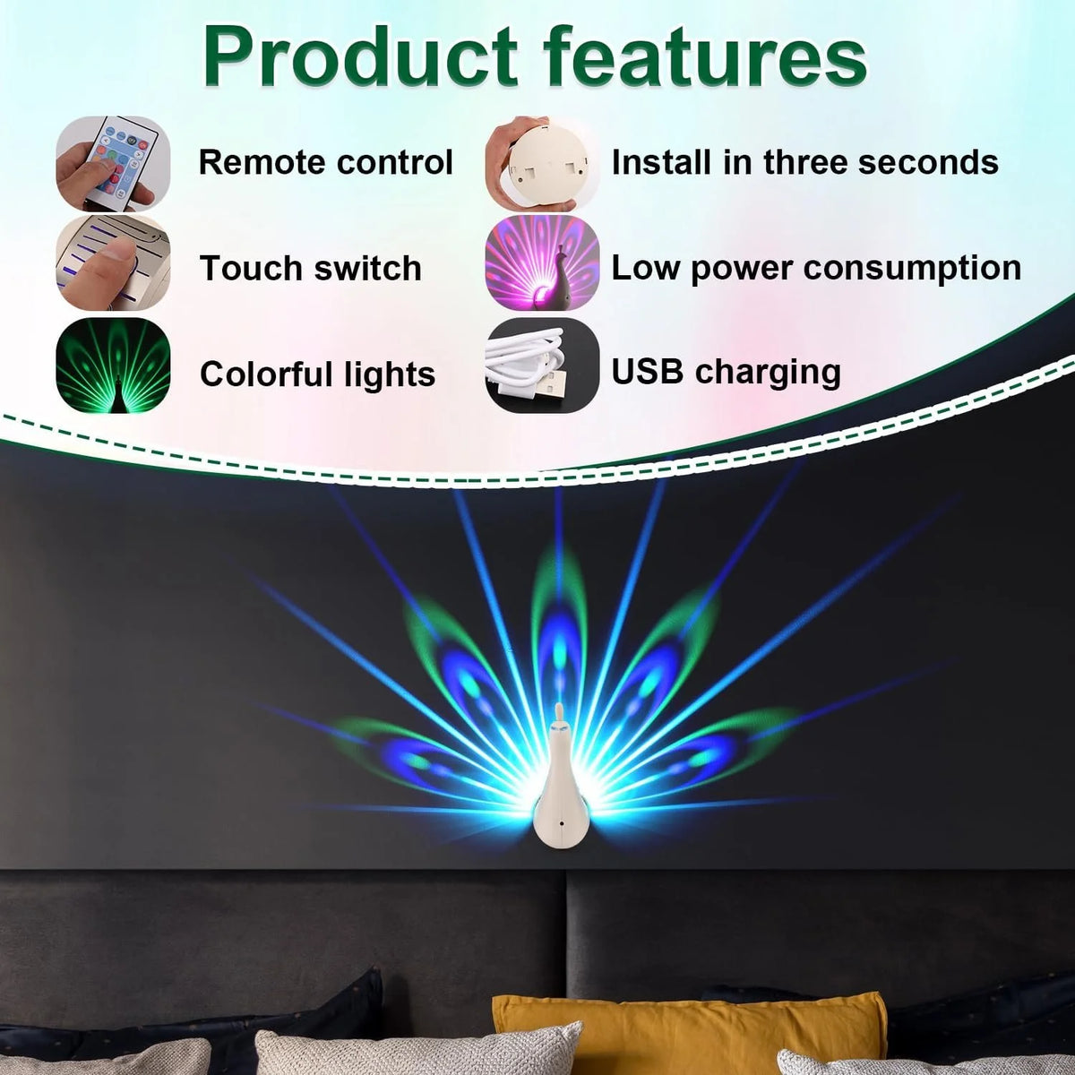 Pink Peacock LED Projection Night Light – USB Rechargeable Wall Lamp with Remote Control, Multicolor Ambient Lighting & Timer