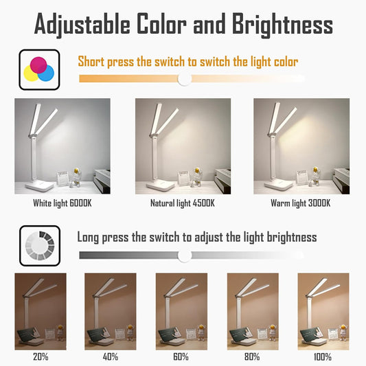 White LED Desk Lamp for Home Office – Portable Small Table Light with 3 Lighting Modes – Battery Operated & USB Rechargeable – Eye-Protection Reading Light for Kids, Studying, & Dormitory (White / Pink / Blue)
