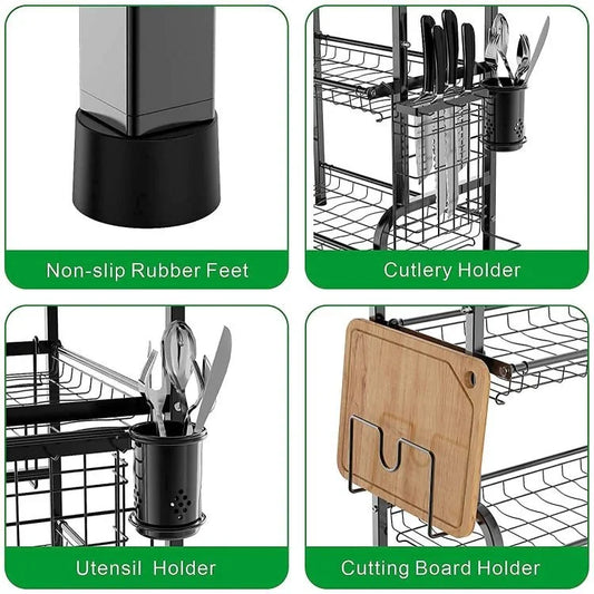 Arcanine 3 Tier Steel Dish Drying Rack with Drip Tray – Large Capacity Kitchen Dish Drainer with Utensil Holder, Cup Rack & Cutting Board Holder