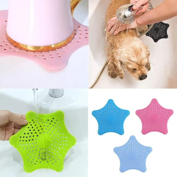 Protection de siphon en silicone - Lot de 4 capteurs de cheveux en forme d'étoile pour éviers et douches avec ventouses puissantes (bleu)
