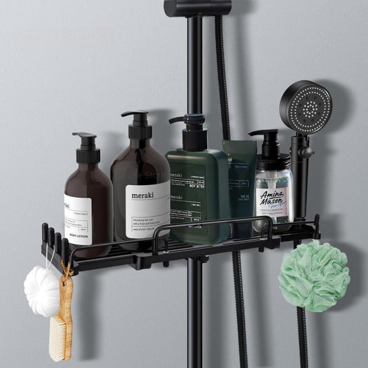 Wall-Mounted Shower Caddy – Over-The-Shower Shelf Organizer – Rustproof Floating Bathroom Hanger for Shampoo, Soap, and Grooming Essentials (Black/White)