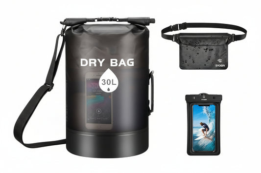 SYOSIN Waterproof Dry Bag Set (3-Pack) – 30L Floating Dry Bag + Phone Pouch & Waist Bag for Beach, Swimming, Kayaking & Outdoor Activities