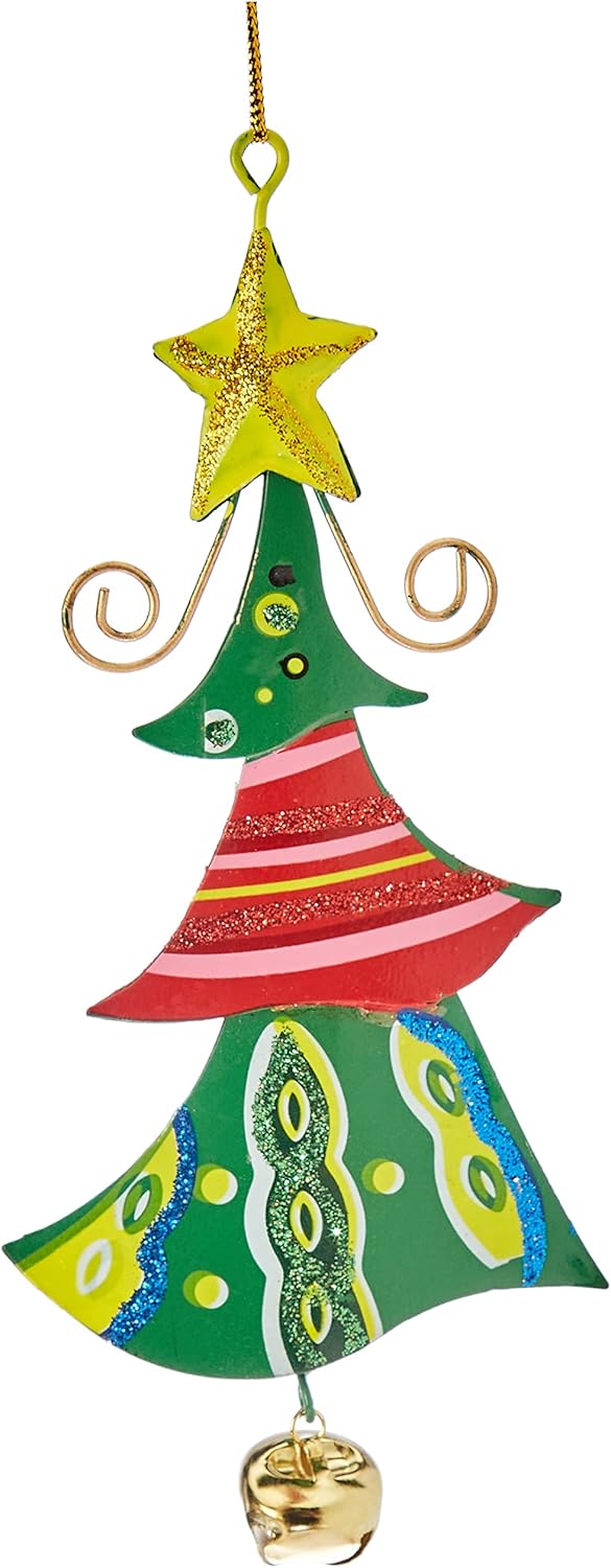 Small Foot Metal Christmas Tree Hanging Ornament with Bell | Multicolour Holiday Decoration (Design 1 or Design 4)