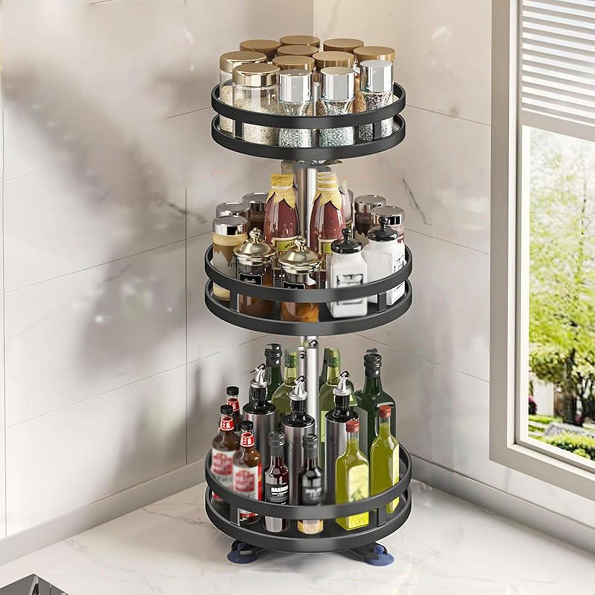 360° Rotatable Kitchen Spice Rack | Multi-Purpose Turntable Storage Organizer | Non-Slip Kitchen Accessories for Cabinet & Pantry