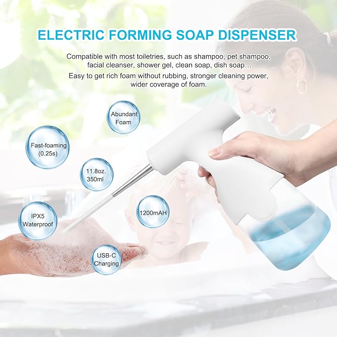 Pistolet distributeur de mousse liquide électrique 350 ml – Machine moussante automatique continue – « Dieu de la bulle » portable pour shampoing et nettoyant visage – Mousseur de détergent polyvalent pour salle de bain