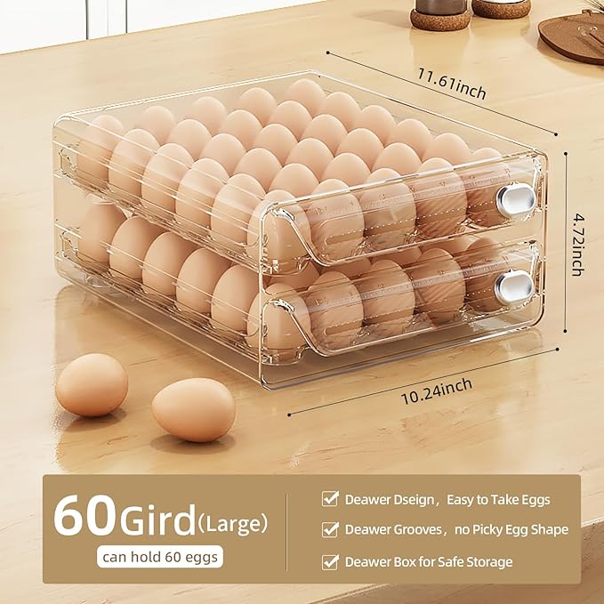 MosQuick® Boîte de rangement à œufs double couche 60 grilles | Grande capacité pour réfrigérateur | Plateau à œufs frais et organisateur