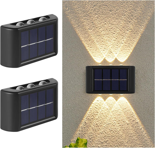 2 PIECES/SET Solar Wall Lights – 6 LED Up and Down Solar-Powered Wall Lamp – IP65 Waterproof Exterior Sconce – Decorative Fence & Porch Light for Patio, Yard, Garage, & Deck (Warm White / 1 PC)