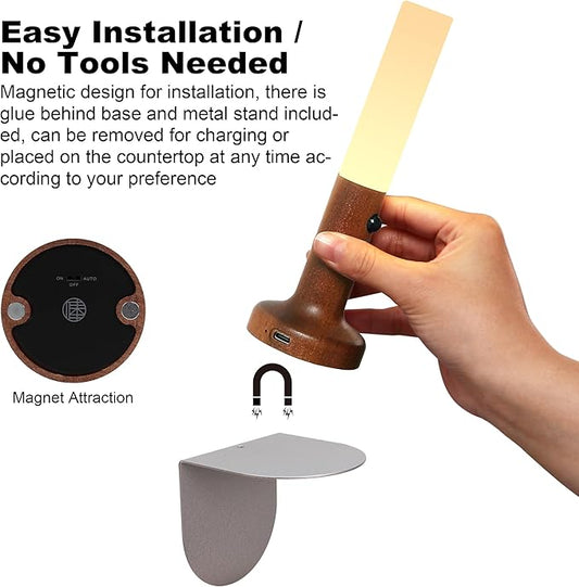 Rechargeable Motion Sensor Night Light – Magnetic LED Wall Lamp for Stairs, Cabinets & Hallways (Sapele Wood)