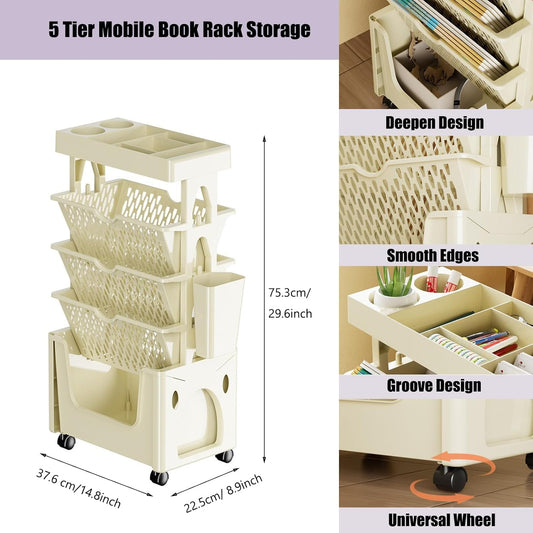 5-Tier Movable Book Shelf on Wheels – 360 degrees Rotatable Storage Bookcase – Creative DIY Book Display Stand for Home & Office (White/Khaki)