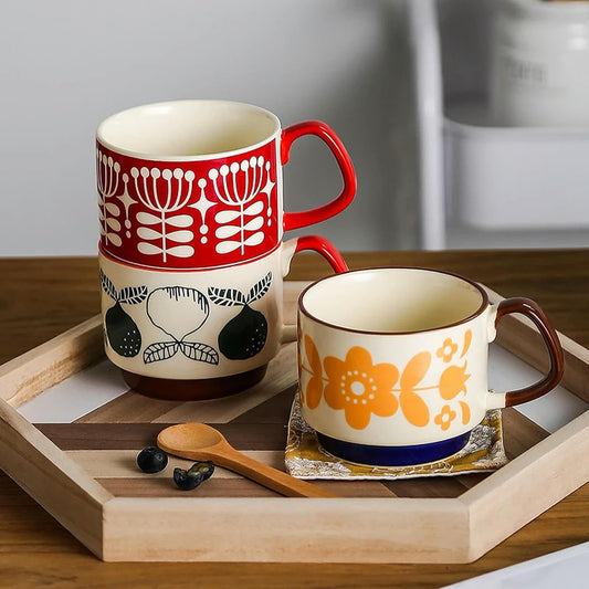 300ml Japanese Retro Floral Coffee Mug Set – Handcrafted Ceramic Oatmeal & Milk Cup – Vintage Flower Design Office Water Mug with Ergonomic Handgrip (300ml)