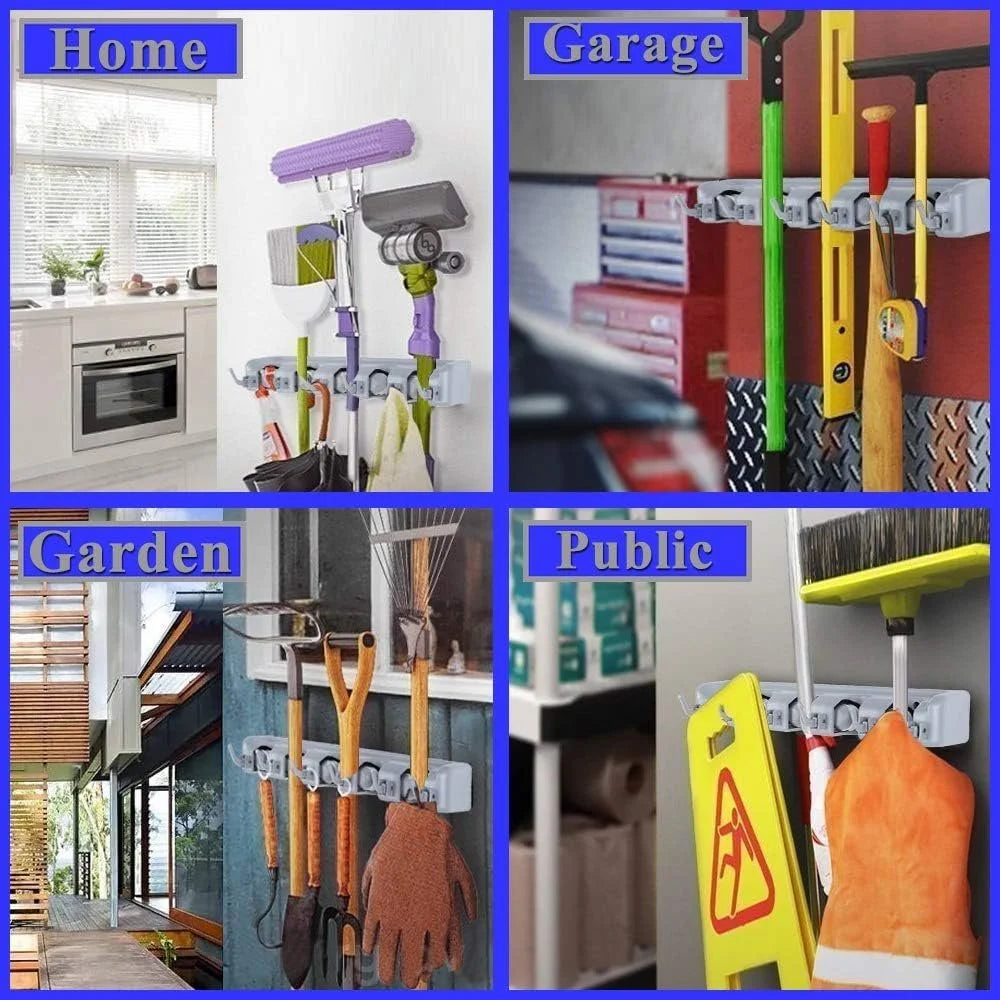 Wall Mounted Mop & Broom Holder – 5 Position Organizer with 6 Hooks, Heavy Duty Tool Storage Rack for Kitchen, Garage, Laundry & Garden