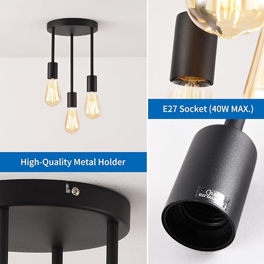 3-Light Ceiling Pendant Fixture – E27 Hanging Chandelier for Kitchen, Bedroom & Living Room