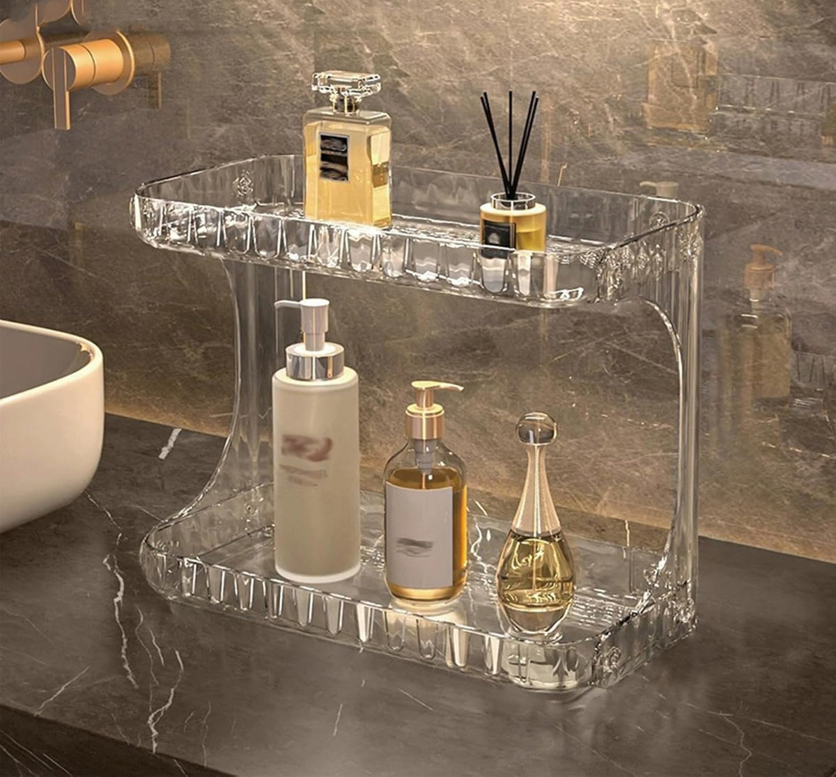 2-Tier Luxury Acrylic Makeup Organizer – Elegant Skincare & Cosmetic Storage Rack – Stackable Vanity Countertop Display (Transparent/Brown)