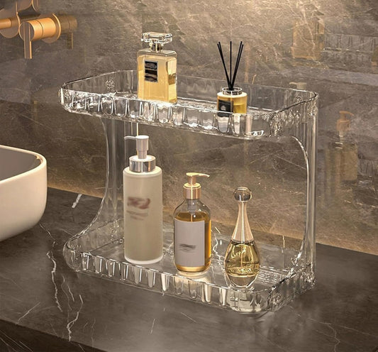 2-Tier Luxury Acrylic Makeup Organizer – Elegant Skincare & Cosmetic Storage Rack – Stackable Vanity Countertop Display (Transparent/Brown)