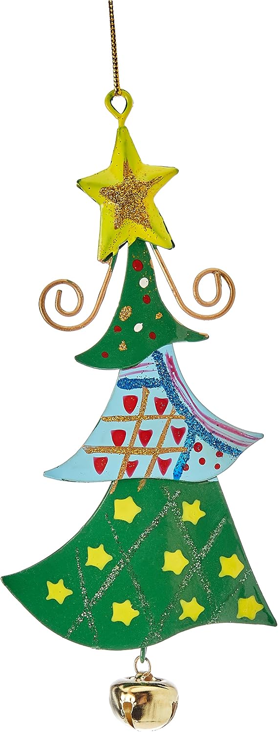 Small Foot Metal Christmas Tree Hanging Ornament with Bell | Multicolour Holiday Decoration (Design 1 or Design 4)