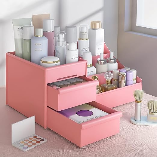 Boîte de rangement en plastique pour maquillage – Organiseur de bureau pour cosmétiques et soins de la peau – Étagère de finition pour papeterie et bijoux pour coiffeuse de dortoir (blanc/rose/bleu)
