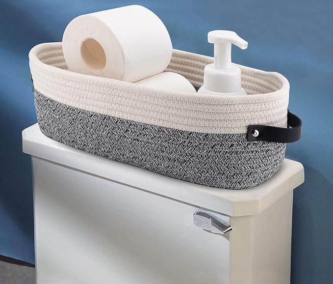 Panier de rangement de salle de bain tissé ovale – Organisateur de bureau multifonctionnel et porte-rouleau de papier toilette – Panier à jouets élégant en corde (blanc/bleu/kaki/gris)