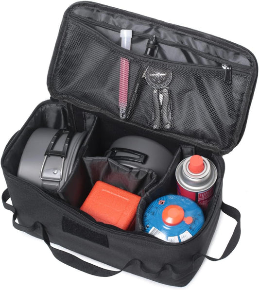 Tactical Utility Camping Tote – Heavy-Duty Cookware & Gas Tank Organizer – Modular Trunk Storage Bag with Adjustable Dividers & Shoulder Strap – Scratch-Resistant Travel Gear for Hiking & Camping