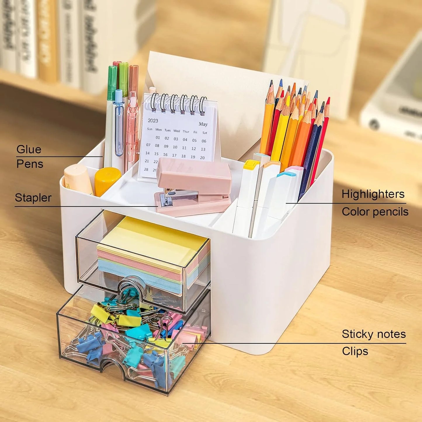 Multifunctional Desk Organizer with Drawers – Plastic Office & Makeup Storage Organizer with Pen Holder, 5 Compartments & 2 Drawers