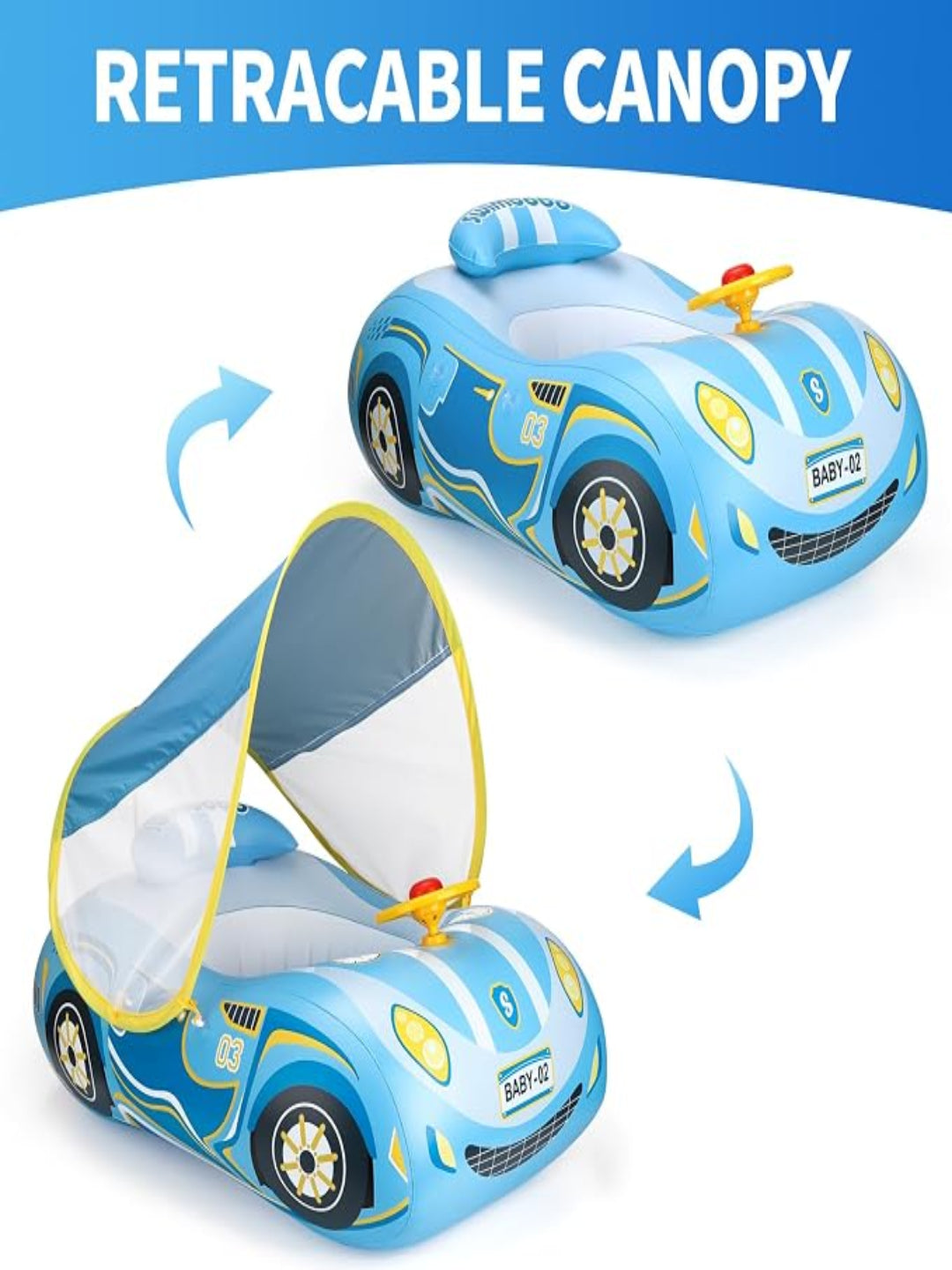 Inflatable Toddler Swim Float with Retractable Canopy & Seat – Car-Shaped Pool Float for Kids 3+ Years
