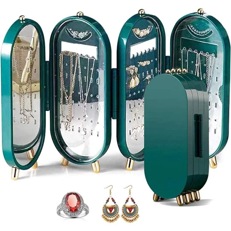 White Foldable Jewelry Organizer with Mirror – Necklace, Earrings, Rings & Bracelet Storage Box, Dustproof Jewelry Display Case