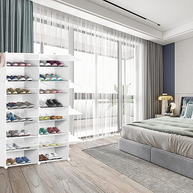 YIHATA 2 x 8-Tier Shoe Rack for Up to 32 Pairs – Dustproof White Shoe Storage Cabinet for Hallway, Bedroom & Entryway