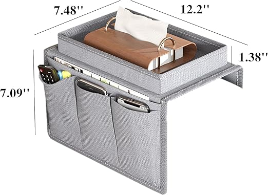New Oxford Cloth Sofa Armrest Organizer – Multi-Pocket Storage Bag with Integrated Cup Tray – Cellphone, Remote, & Tissue Holder for Couch – Home Decor Accessory (Gray/White)