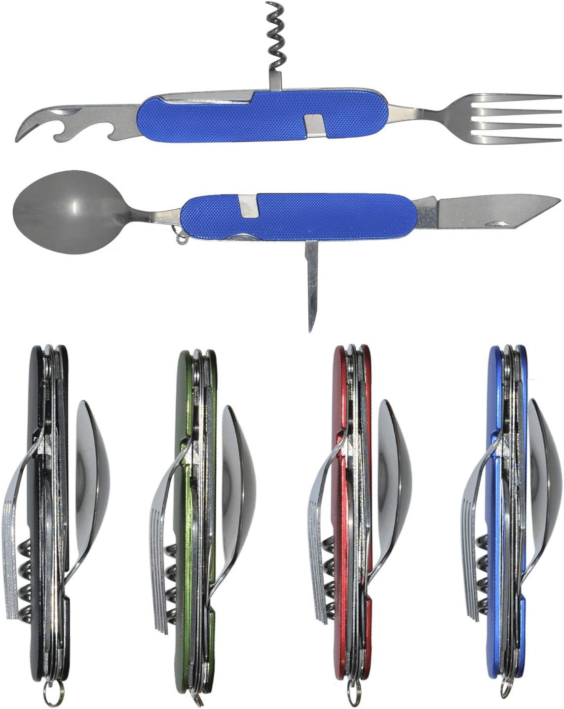 Ensemble de couverts de camping pliable 4-en-1 – Cuillère, fourchette, couteau et ouvre-bouteille de poche en acier inoxydable – Kit utilitaire portable pour l'extérieur (noir/bleu/rouge/vert)