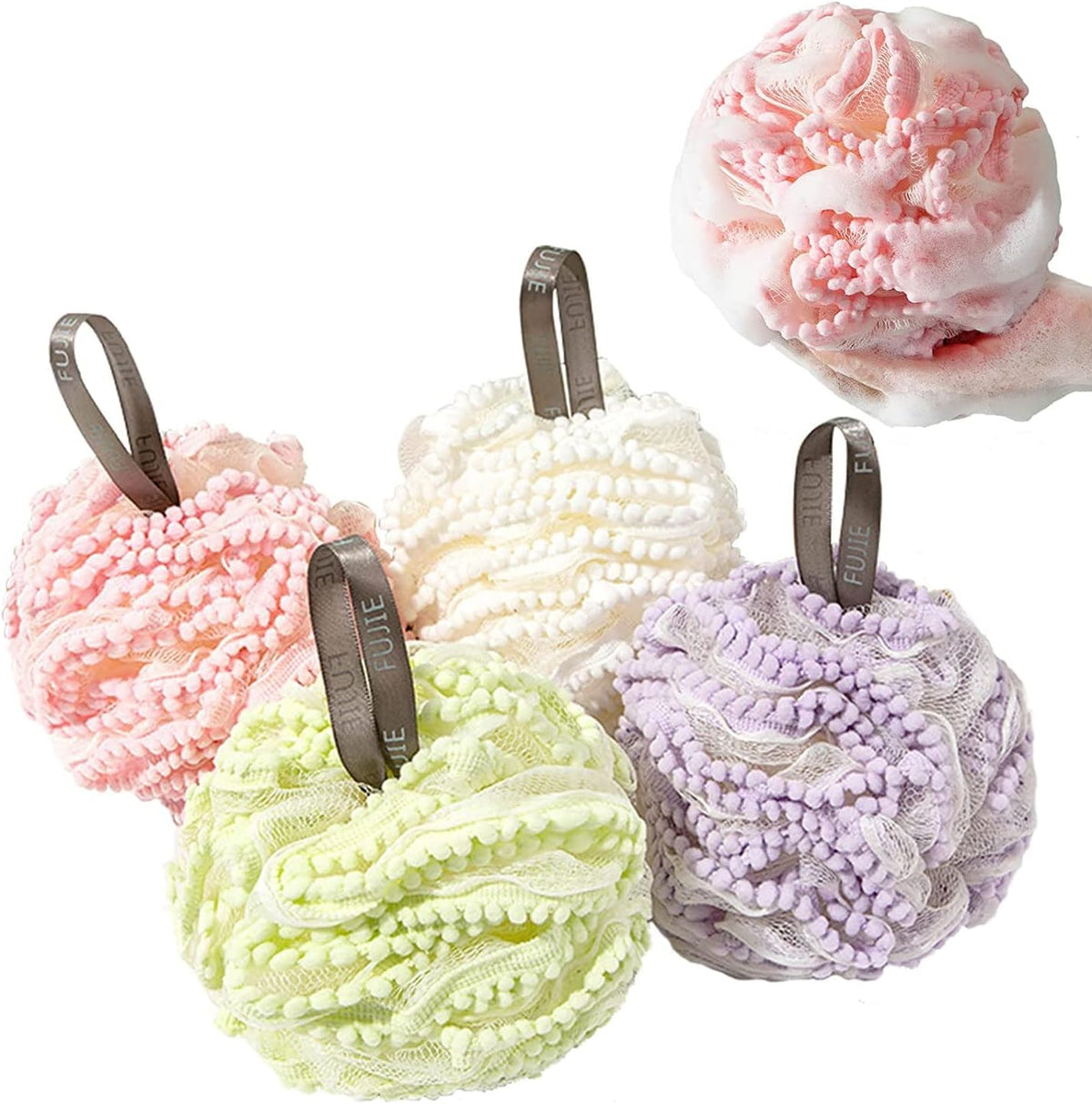 New Soft Foam Sponge Stick – Tennis-Style Long Handle Shower Flower – Ultra-Soft Skin Cleansing Bath Ball & Back Scrubber (White/Pink/Green/Purple)