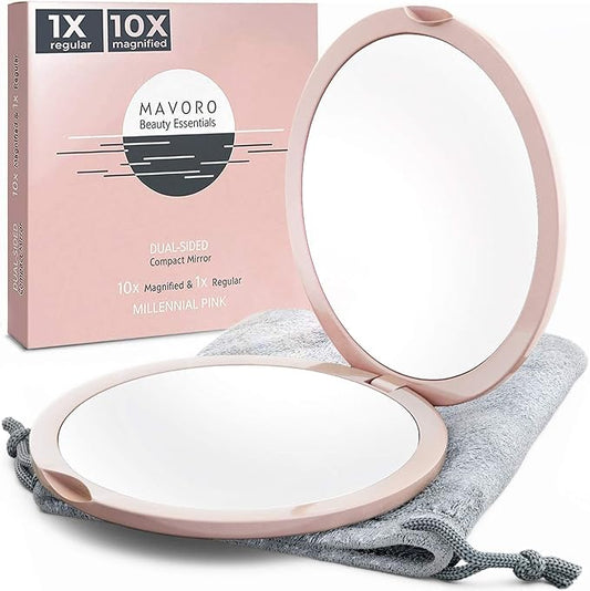 Mavoro Compact Makeup Mirror 4" – 1x/10x Magnification Double-Sided Folding Travel Mirror | Portable Purse Mirror (Millennial Pink)