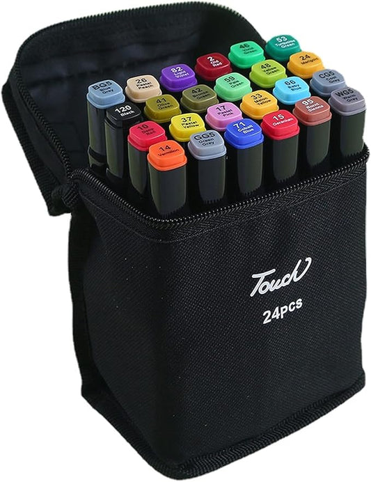 24 Colors Alcohol Brush Markers Set with Stand – Dual Tip Art Markers for Drawing, Sketching, Coloring & Illustration