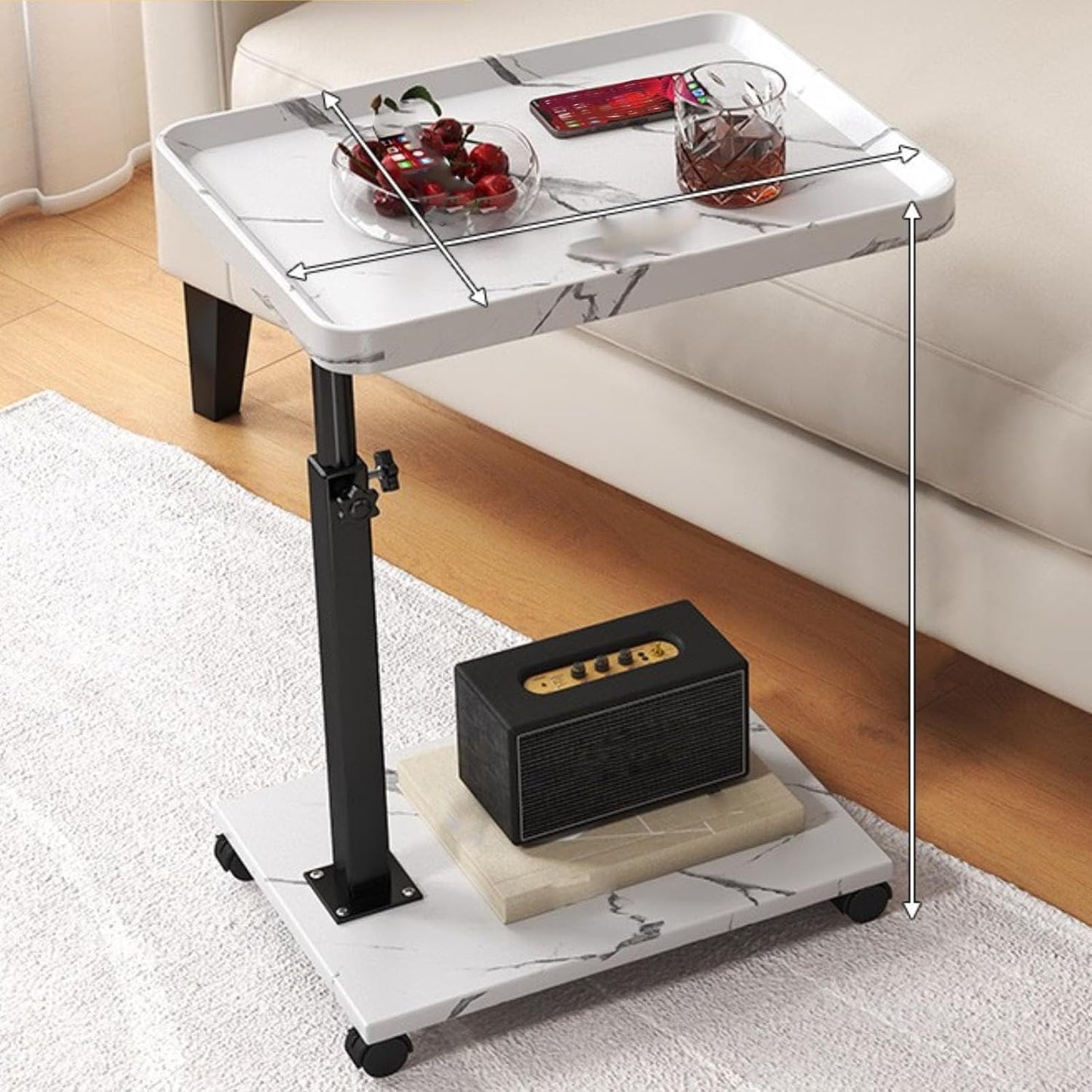 C-Shaped Mobile Side Table – Slidable Sofa End Table & Bedside Cabinet – Small Square Coffee Table with Wheels (Wood / Marble White / Walnut)