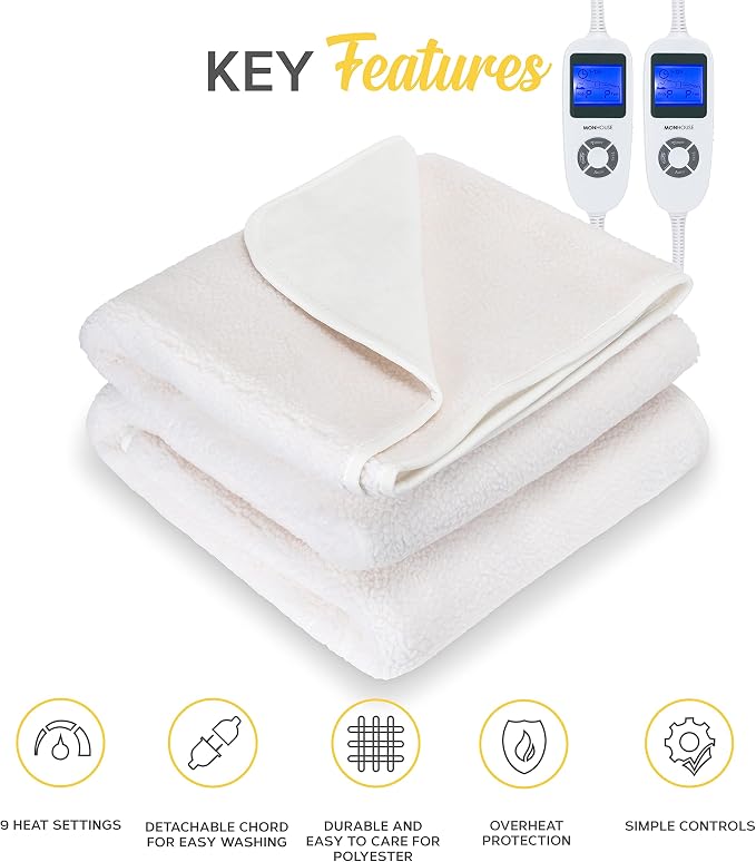 MONHOUSE King Electric Blanket 150 x 200 cm – Soft Fleece Heated Mattress Cover with Dual Controllers, 9 Heat Settings & Machine-Washable Design