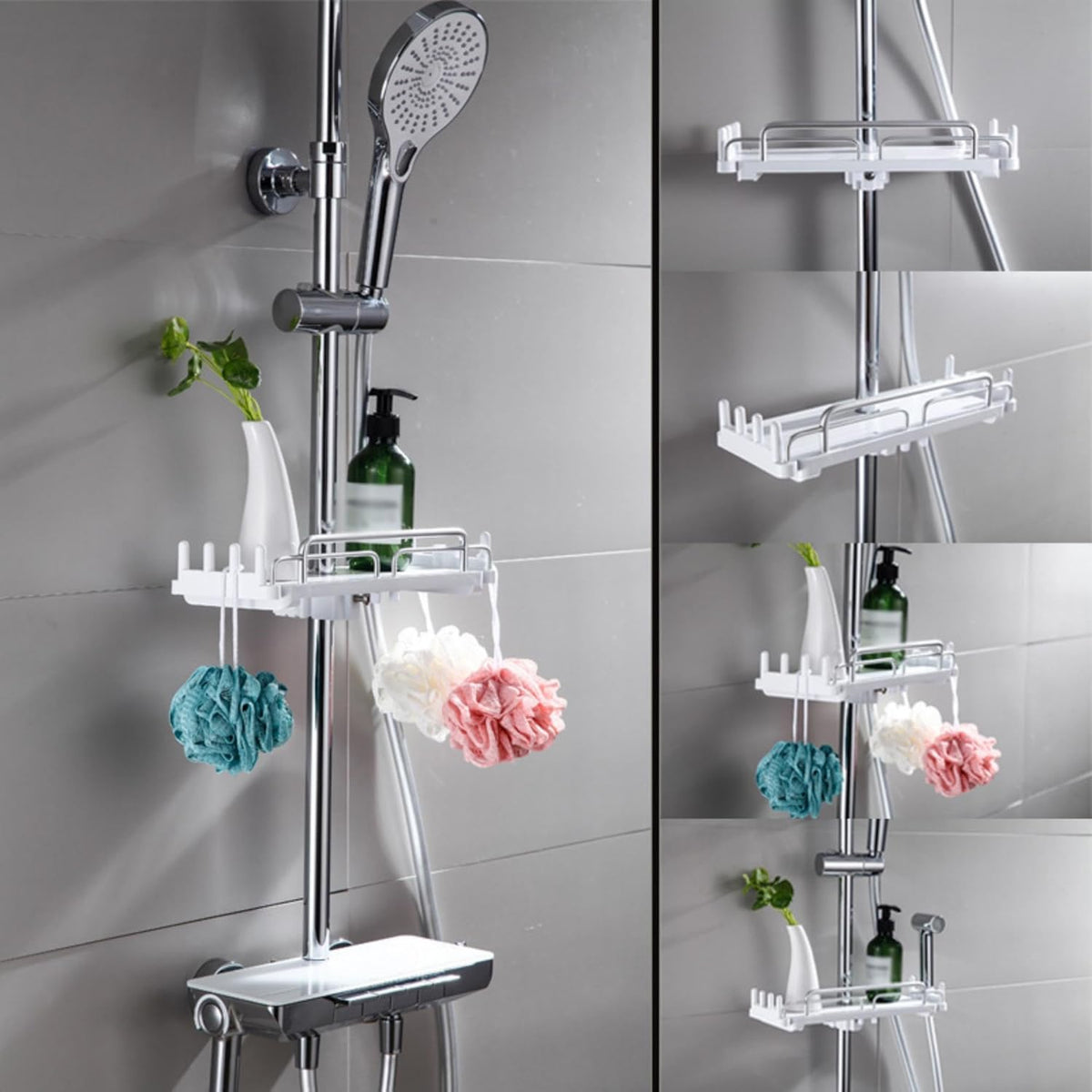 Wall-Mounted Shower Caddy – Over-The-Shower Shelf Organizer – Rustproof Floating Bathroom Hanger for Shampoo, Soap, and Grooming Essentials (Black/White)