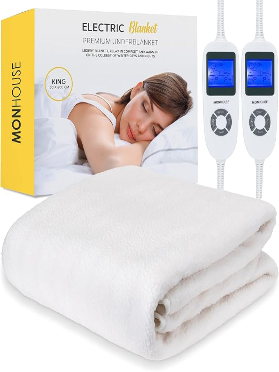 MONHOUSE King Electric Blanket 150 x 200 cm – Soft Fleece Heated Mattress Cover with Dual Controllers, 9 Heat Settings & Machine-Washable Design