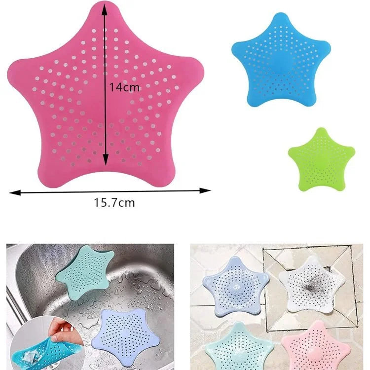 Silicone Drain Protector Hair Catcher – Set of 4 Star-Shaped Sink & Shower Drain Covers with Strong Suction Cups (Blue)