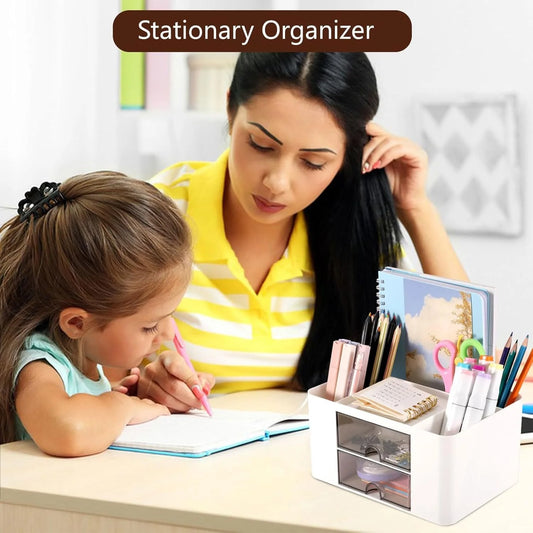 Multifunctional Desk Organizer with Drawers – Plastic Office & Makeup Storage Organizer with Pen Holder, 5 Compartments & 2 Drawers
