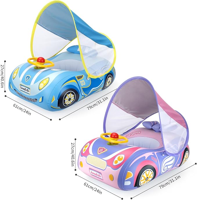 Inflatable Toddler Swim Float with Retractable Canopy & Seat – Car-Shaped Pool Float for Kids 3+ Years