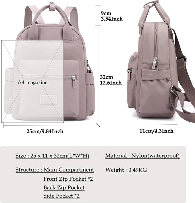Women's Small Waterproof Nylon Backpack – Lightweight Casual Mini Daypack for School, Work & Travel
