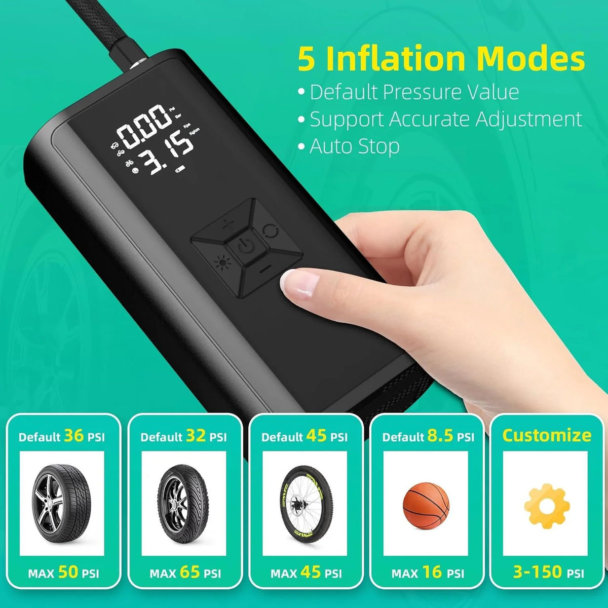 Portable 150 PSI Cordless Air Compressor – Rechargeable Electric Tire Inflator with Digital Pressure Gauge & LED Emergency Light for Car, Bike, Motorcycle & Balls