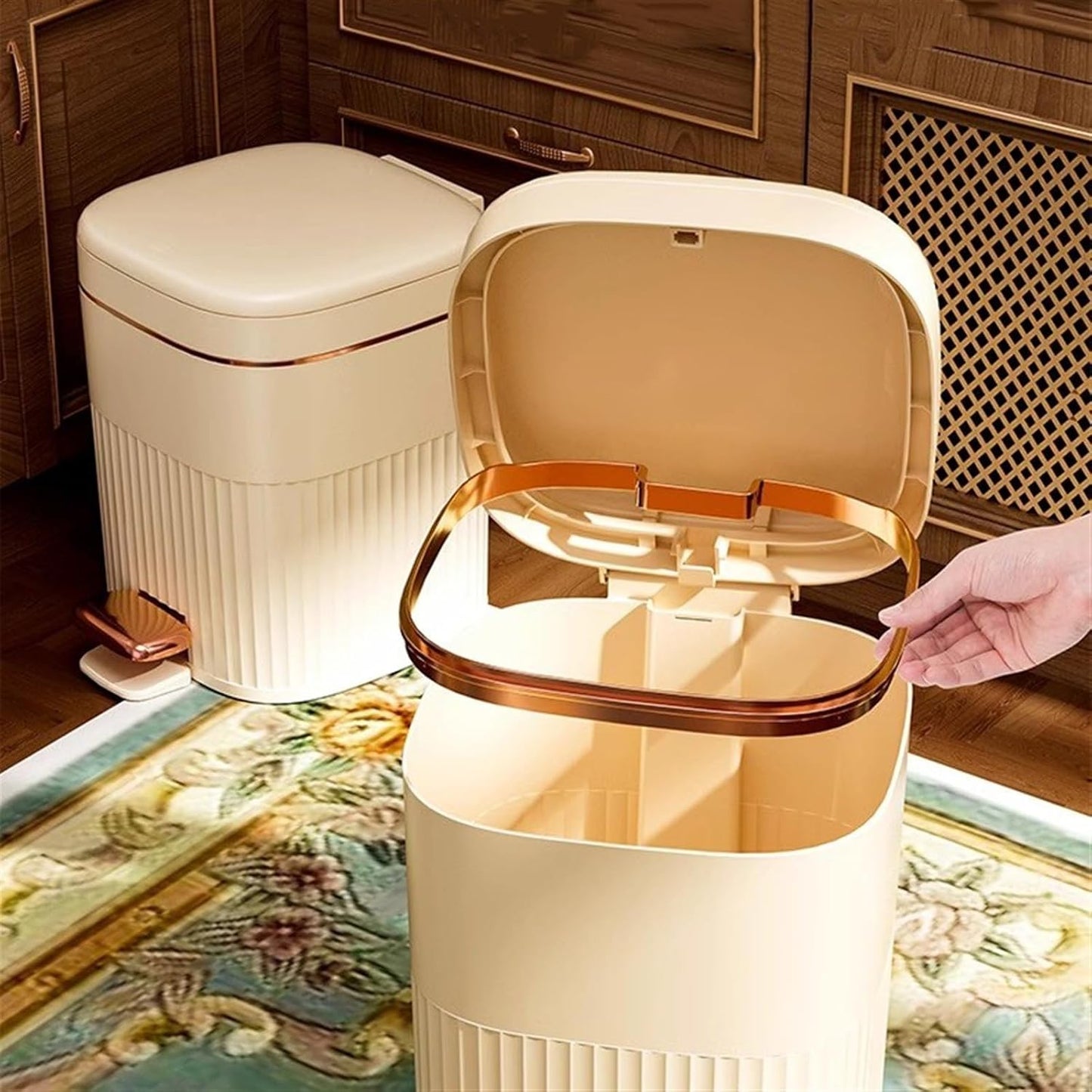 Retro Luxury Step Trash Can – 10L Soft-Close Garbage Bin with Gold Trim – Vintage Style Plastic Wastebasket with Pressure Ring for Bathroom & Bedroom (White/Green)