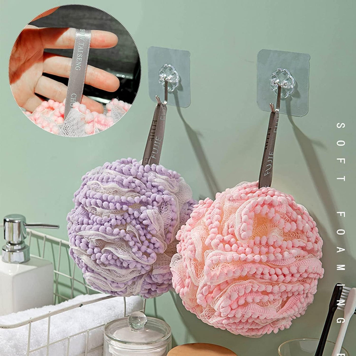 New Soft Foam Sponge Stick – Tennis-Style Long Handle Shower Flower – Ultra-Soft Skin Cleansing Bath Ball & Back Scrubber (White/Pink/Green/Purple)