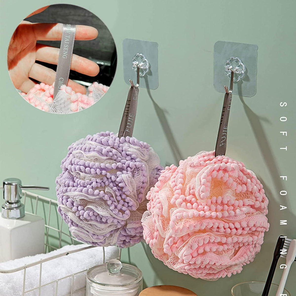 New Soft Foam Sponge Stick – Tennis-Style Long Handle Shower Flower – Ultra-Soft Skin Cleansing Bath Ball & Back Scrubber (White/Pink/Green/Purple)