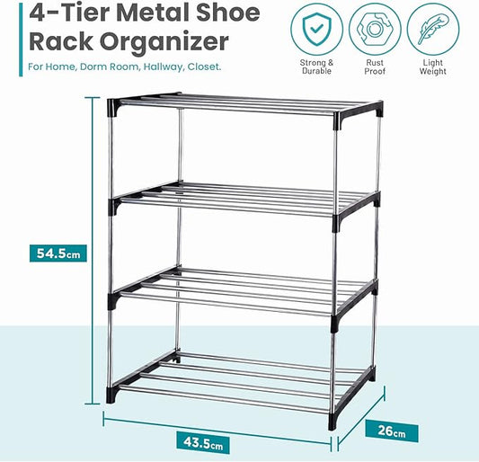 4 Tier Shoe Rack – Multi-Layered Space-Saving Footwear Organizer – Slim Household Storage Rack for Entryways and Closets
