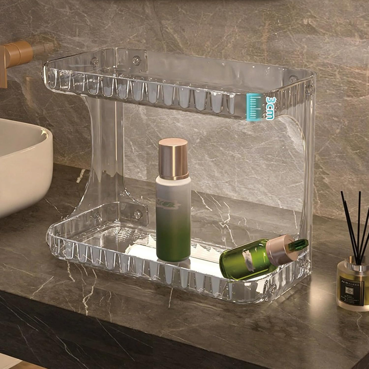 2-Tier Luxury Acrylic Makeup Organizer – Elegant Skincare & Cosmetic Storage Rack – Stackable Vanity Countertop Display (Transparent/Brown)