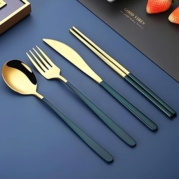 4-Piece Portable Travel Cutlery Set with Case – Stainless Steel Knife, Fork, Spoon, and Chopsticks – Reusable Outdoor Camping & Office Lunchware Kit