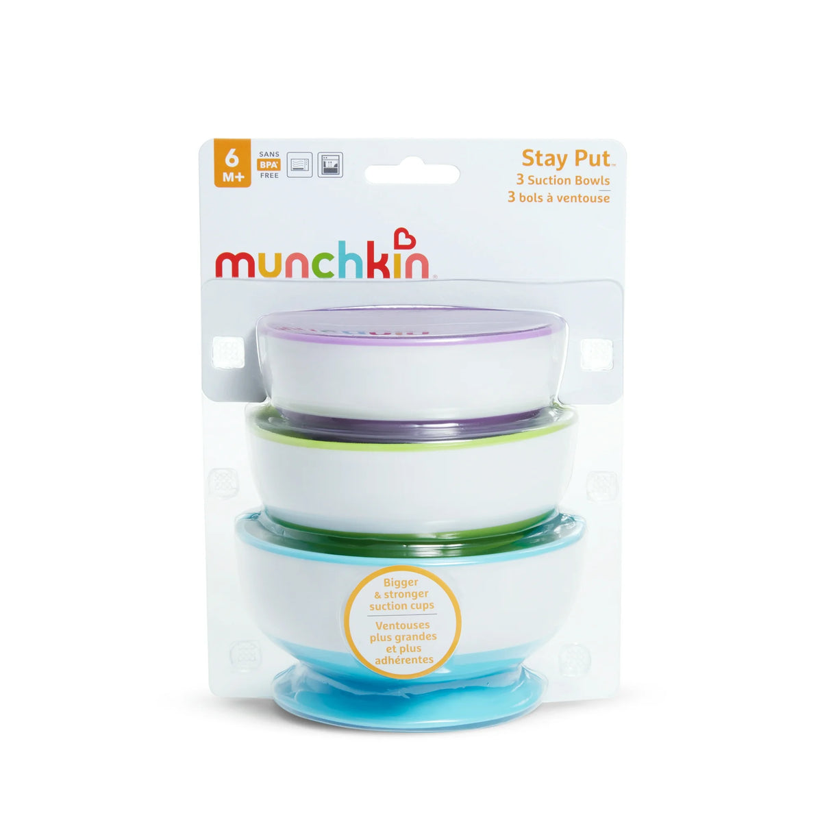 Munchkin® Stay Put Suction Round Bowls، بلاستيك، متعدد الألوان، 3 عبوات