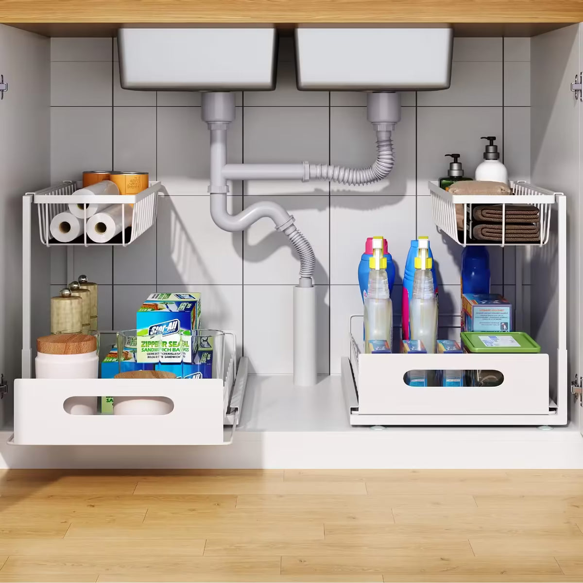 Organisateur de placard sous évier à 2 niveaux coulissant – Panier coulissant multifonctionnel pour le rangement de la salle de bain et de la cuisine
