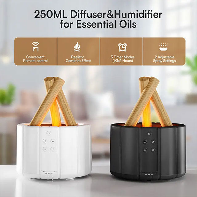 8.45oz Bonfire Aromatherapy Light & Essential Oil Diffuser – Remote Control, Cold Mist Humidifier, Timer & Auto-Off – Perfect for Bedroom, Office, Holiday Décor